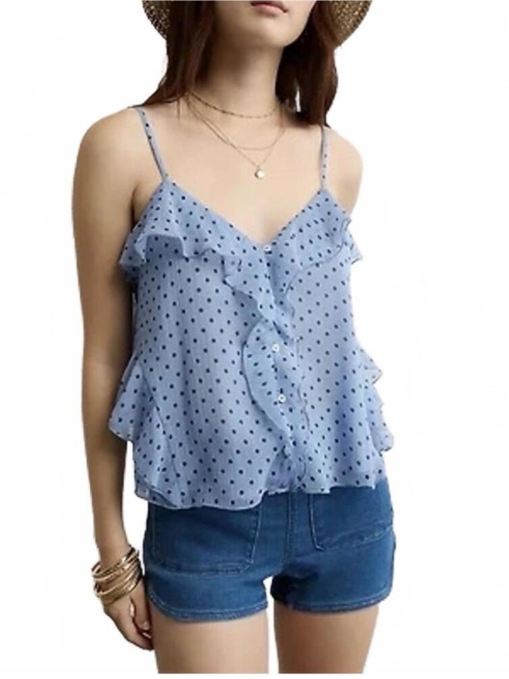 American Eagle Outfitters Light Blue Polka Dot Ruffle Cami